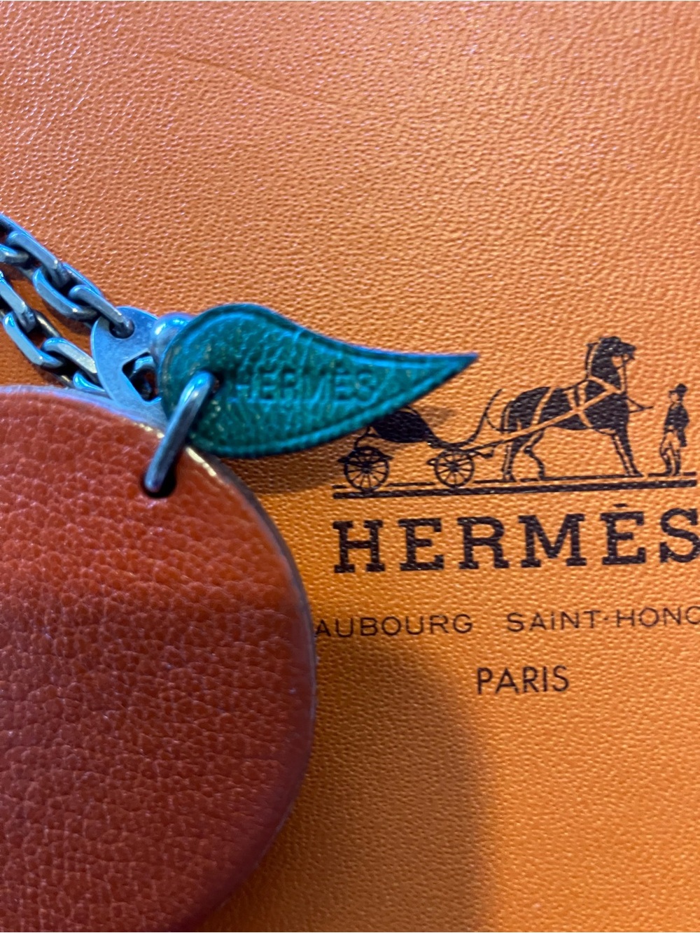 Hermes Orange Round Leather Key chain or purse charm.Chain 9.25 silver chain - Picture 2 of 4